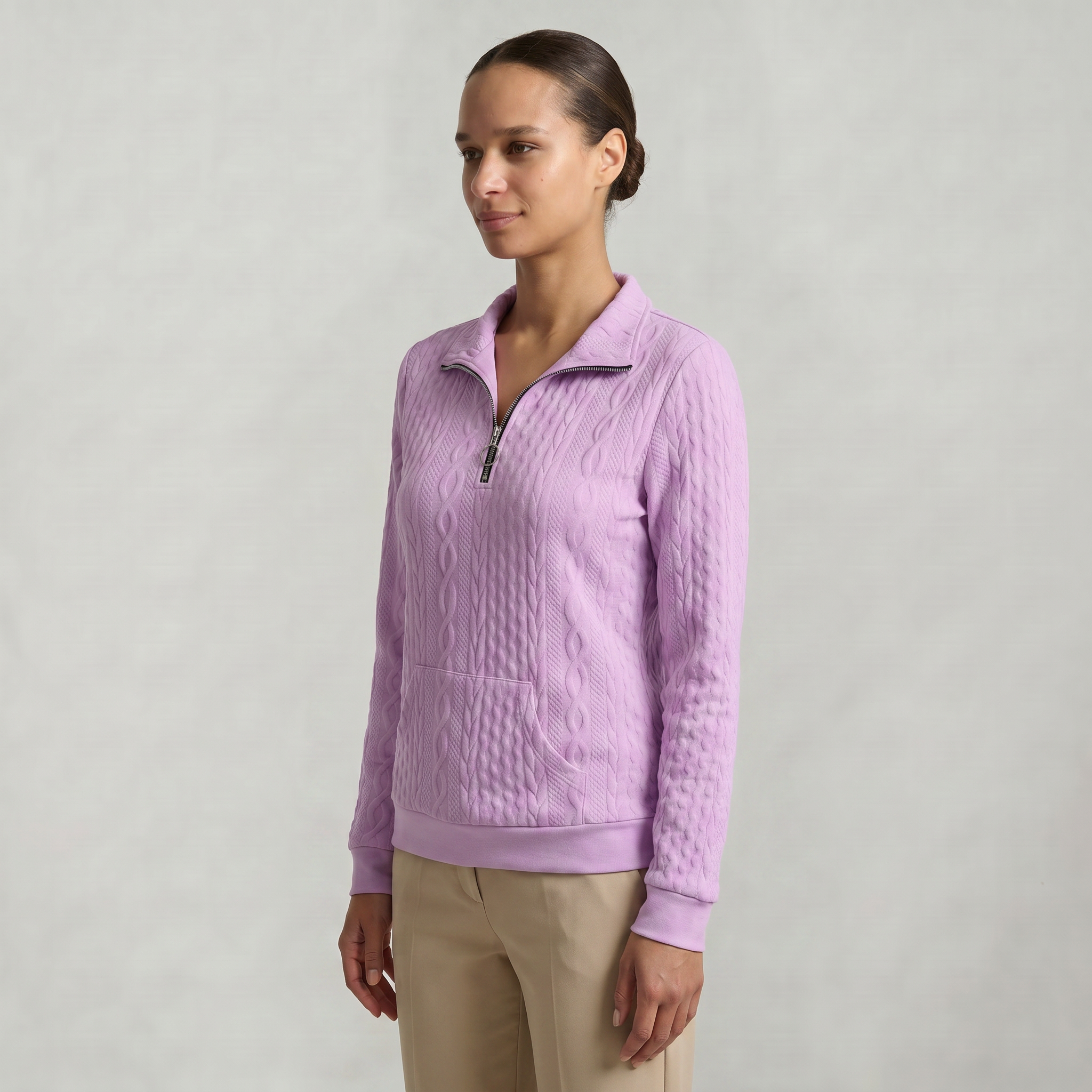 Women’s Quarter Zip Sweatshirt - Cable Knit Long Sleeve Regular Fit