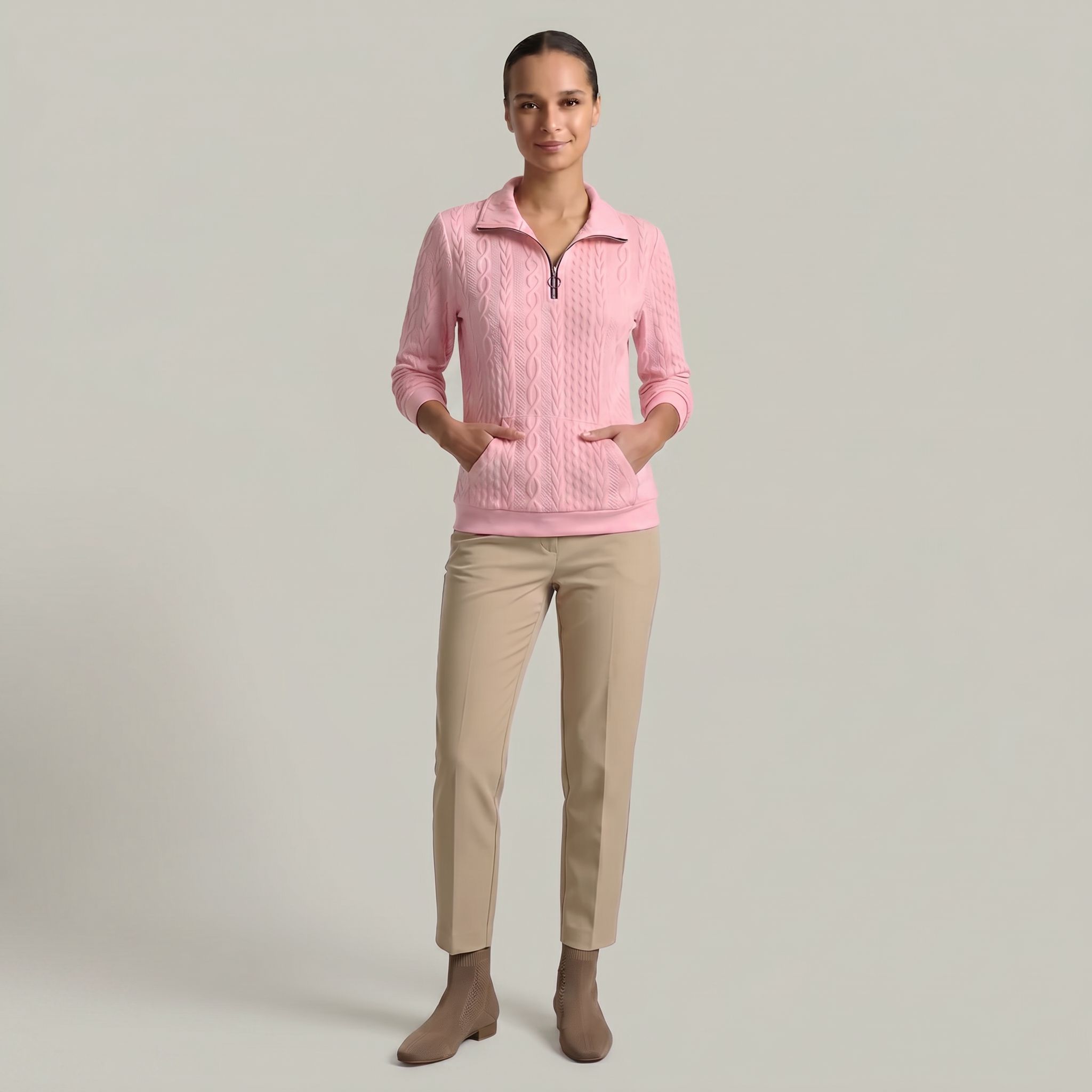 Women’s Quarter Zip Sweatshirt - Cable Knit Long Sleeve Regular Fit