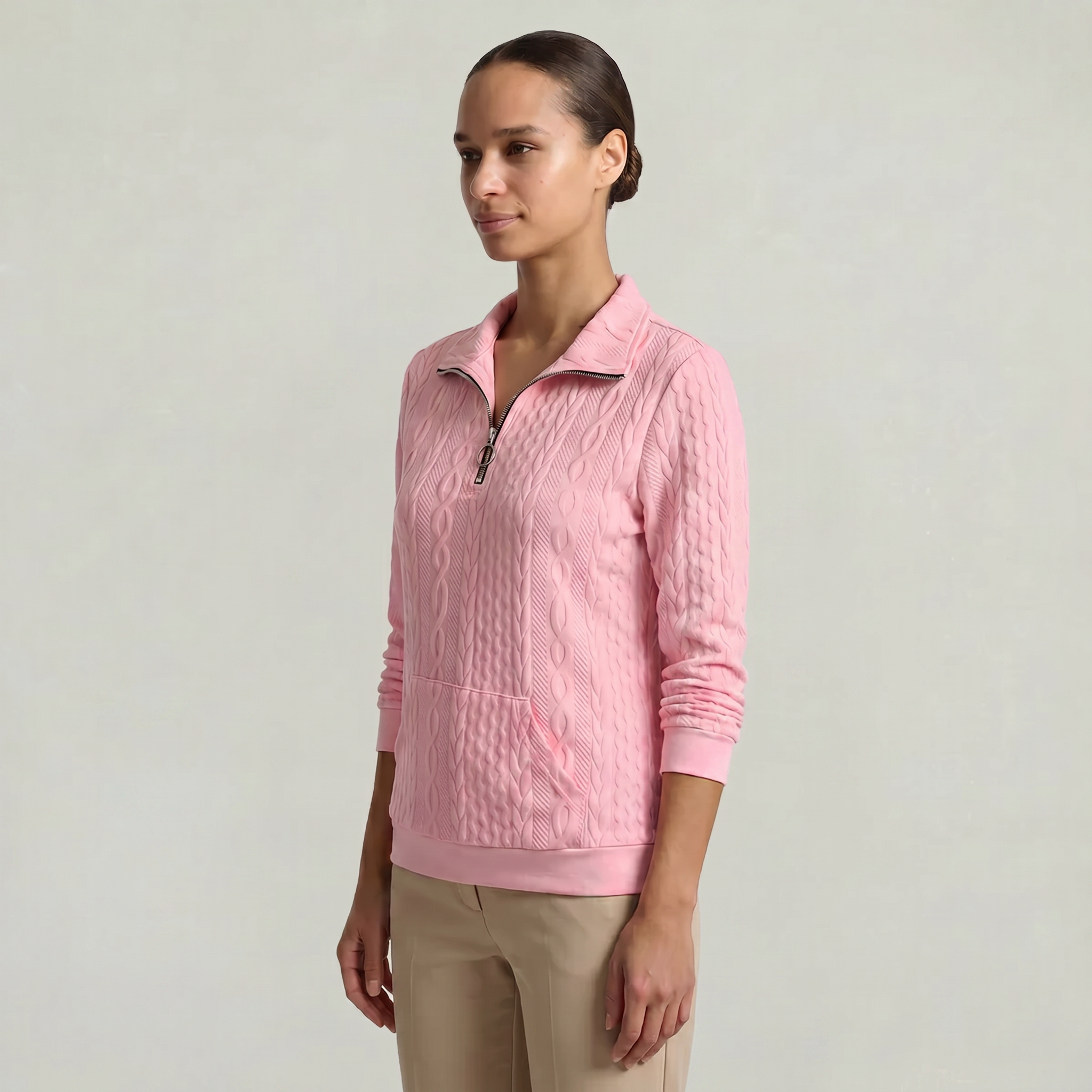 Women’s Quarter Zip Sweatshirt - Cable Knit Long Sleeve Regular Fit