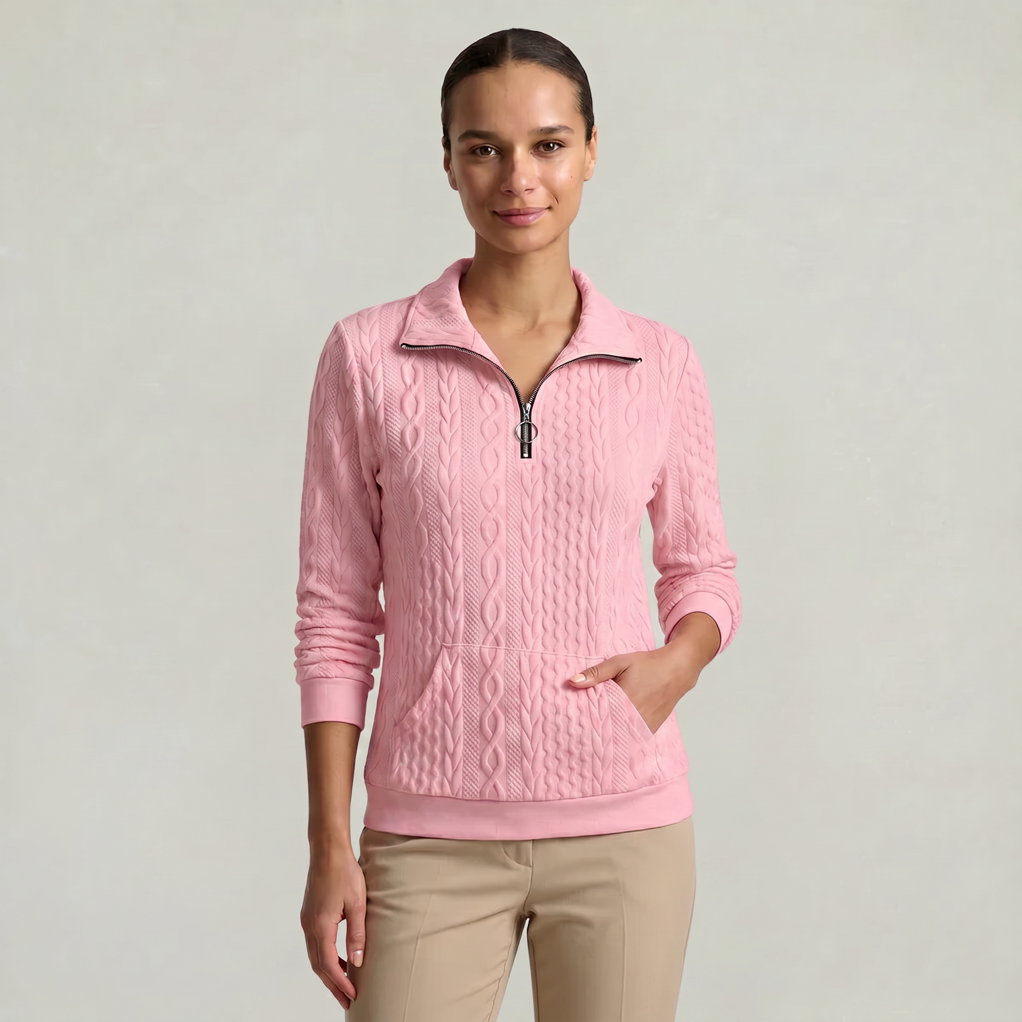 Women’s Quarter Zip Sweatshirt - Cable Knit Long Sleeve Regular Fit