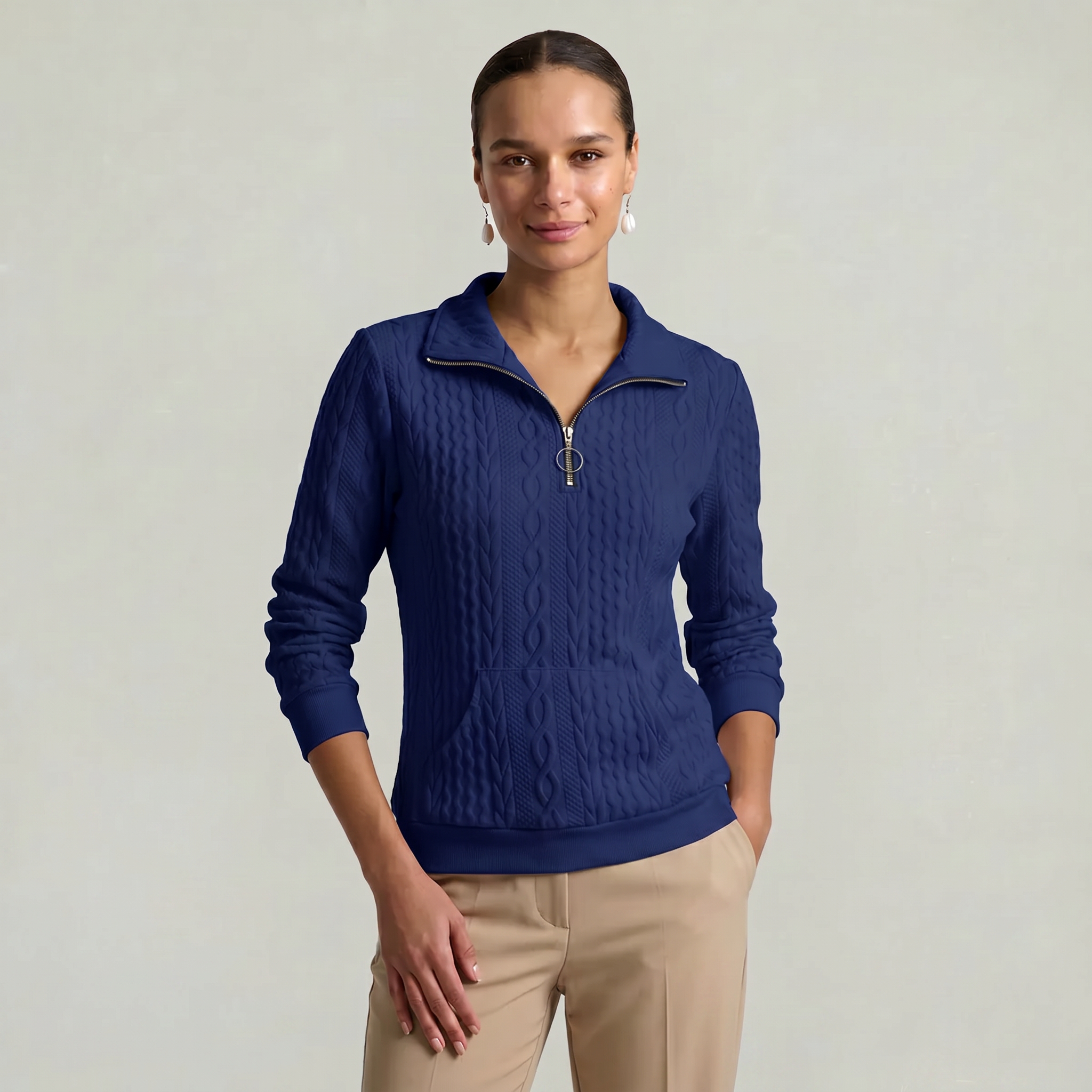 Women’s Quarter Zip Sweatshirt - Cable Knit Long Sleeve Regular Fit