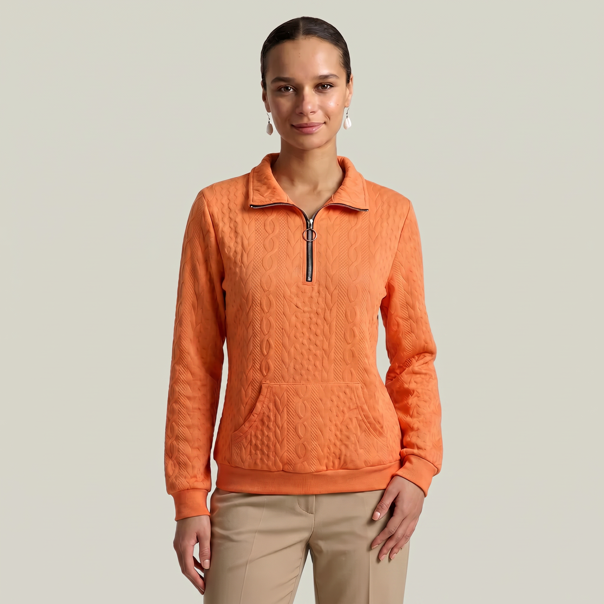 Women’s Quarter Zip Sweatshirt - Cable Knit Long Sleeve Regular Fit