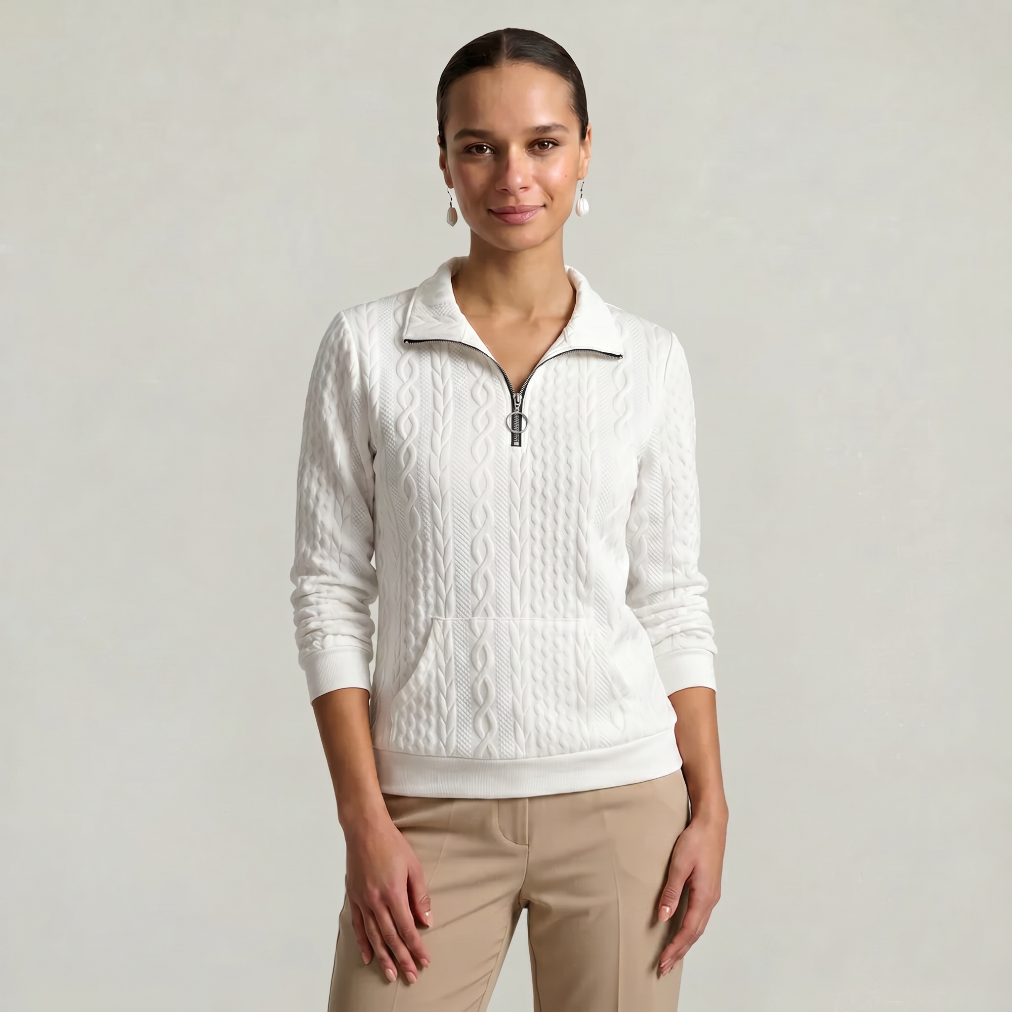 Women’s Quarter Zip Sweatshirt - Cable Knit Long Sleeve Regular Fit