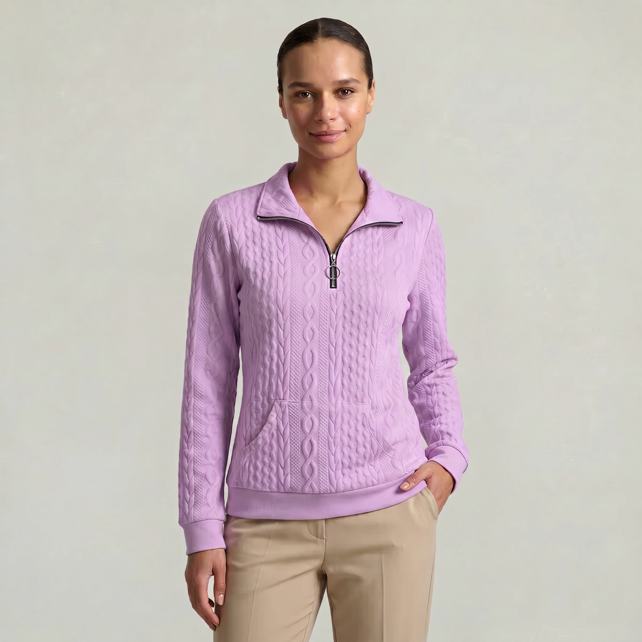 Women’s Quarter Zip Sweatshirt - Cable Knit Long Sleeve Regular Fit