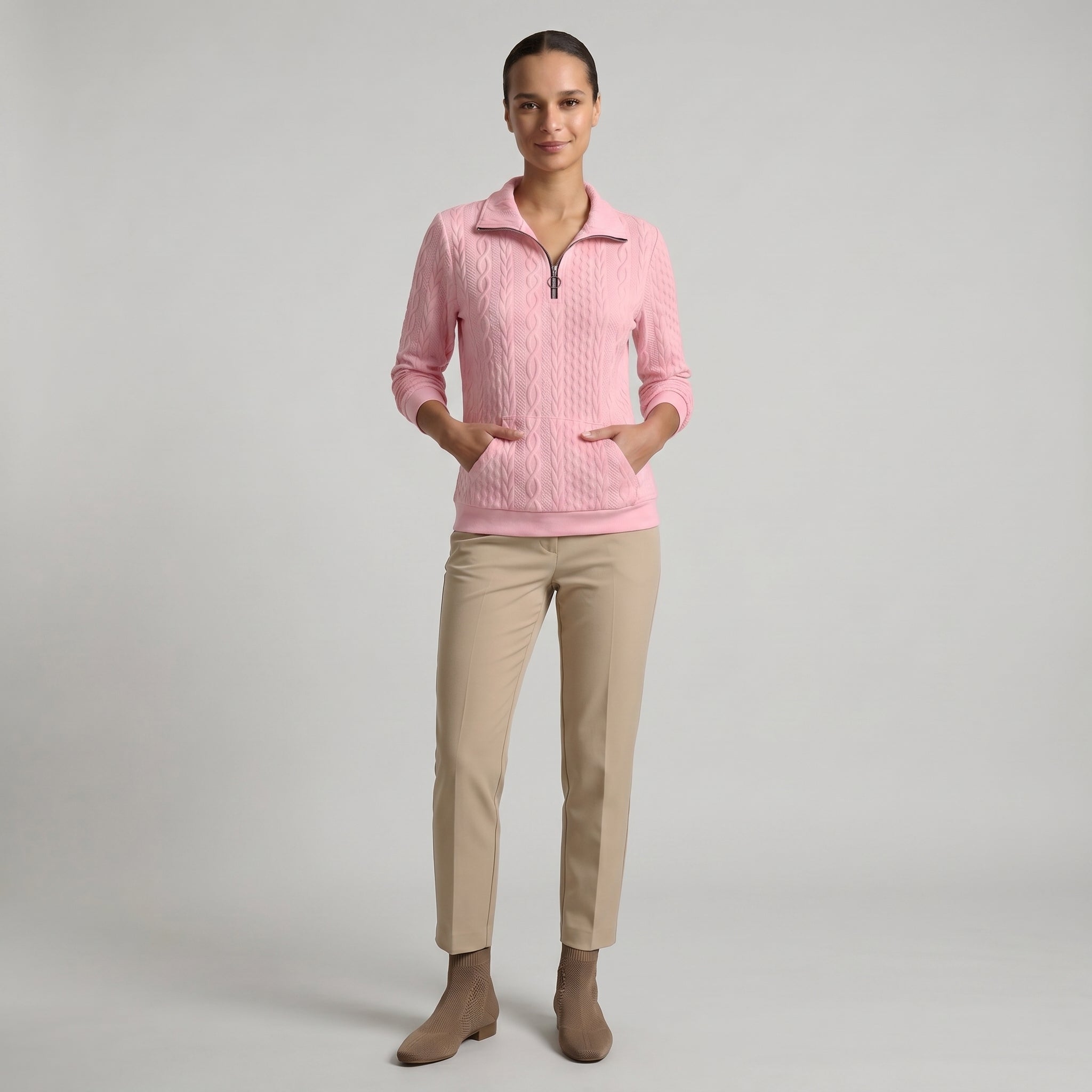 Women’s Quarter Zip Sweatshirt - Cable Knit Long Sleeve Regular Fit