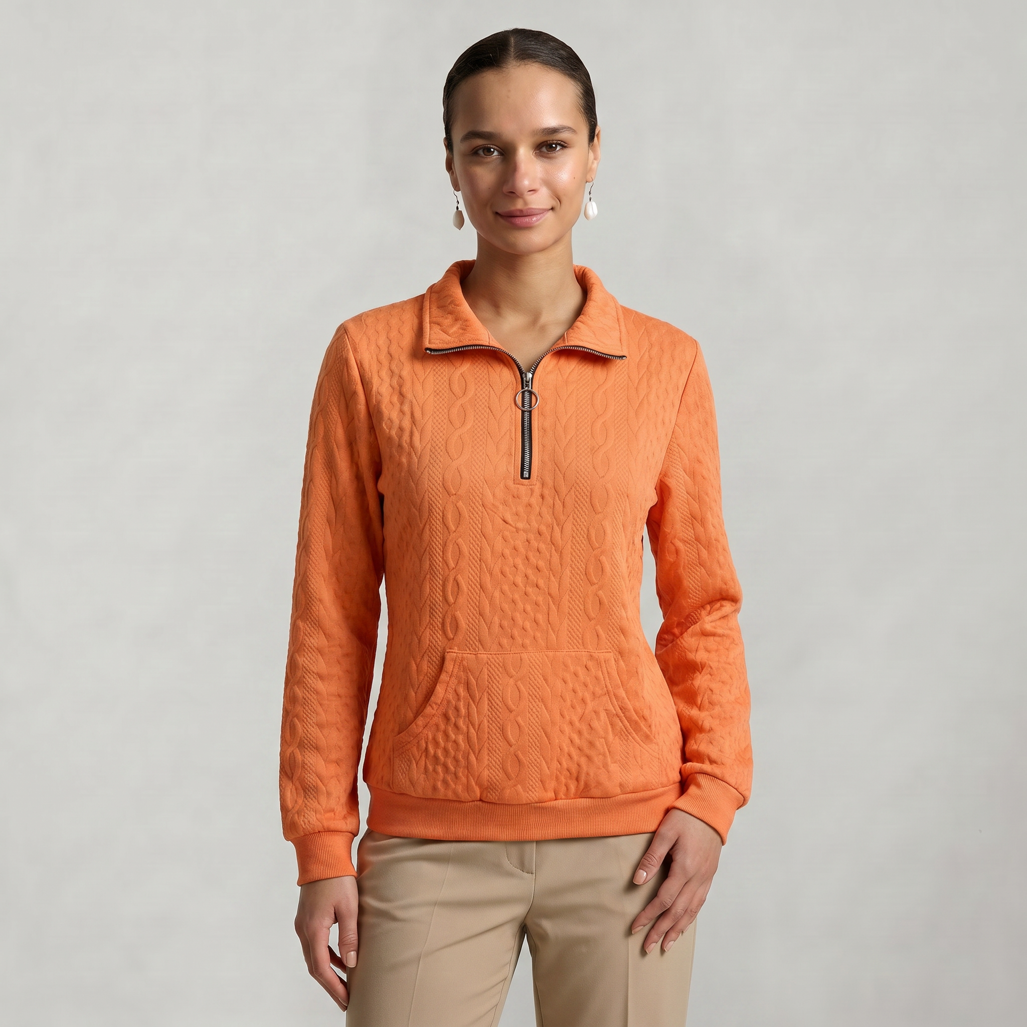 Women’s Quarter Zip Sweatshirt - Cable Knit Long Sleeve Regular Fit