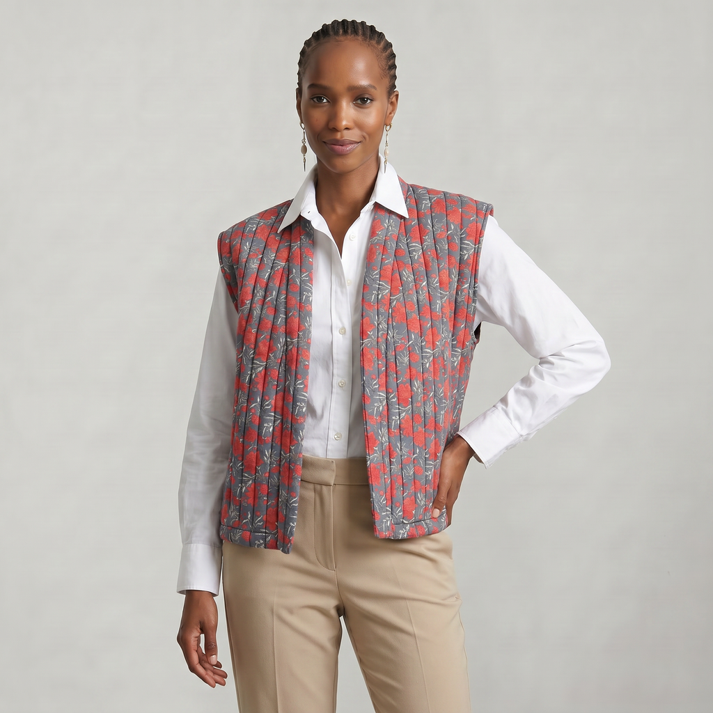 Women’s Quilted Floral Vest - Open Front Relaxed Fit