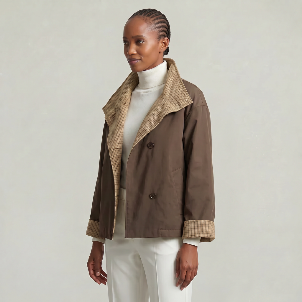 Women’s Reversible Double Sided Jacket Coat - Plaid Stand Collar Loose Fit Outerwear