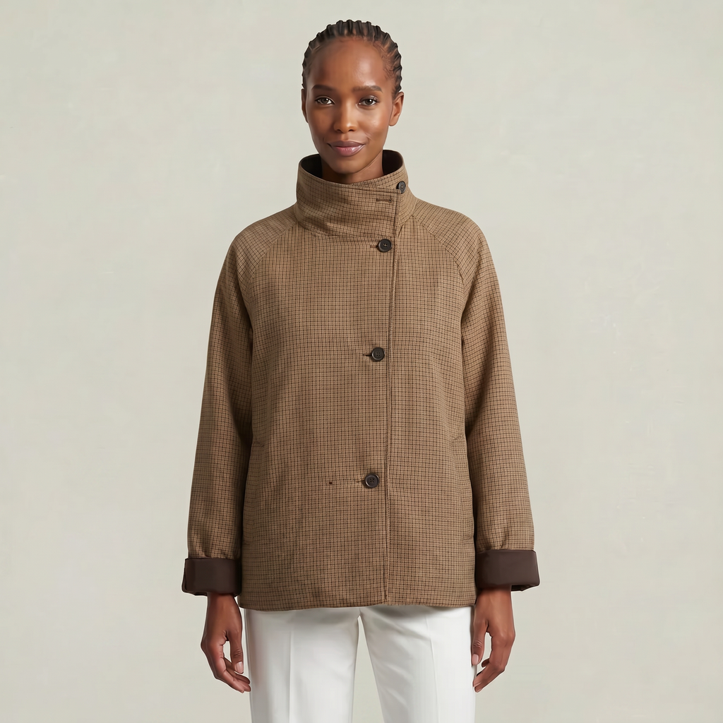 Women’s Reversible Double Sided Jacket Coat - Plaid Stand Collar Loose Fit Outerwear