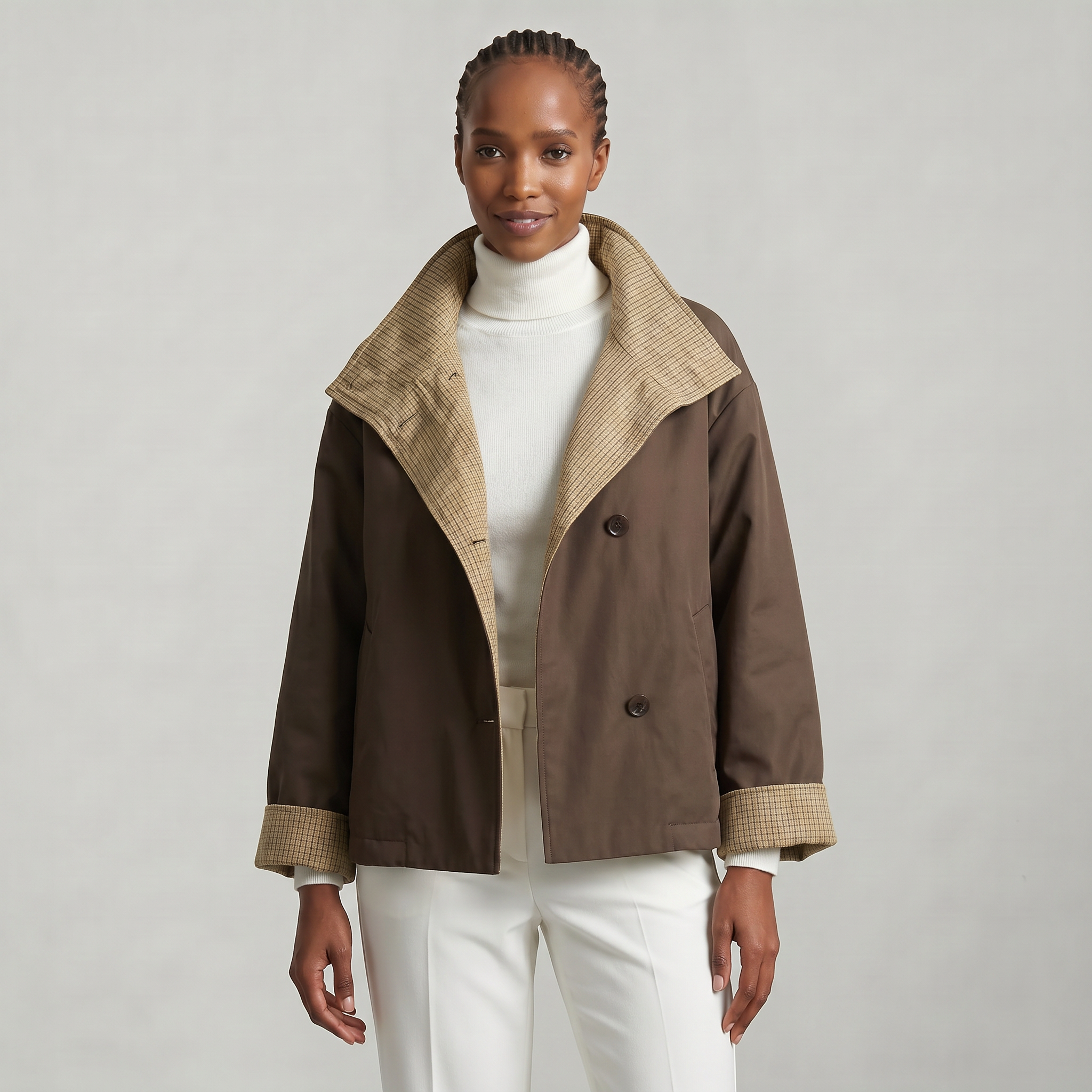 Women’s Reversible Double Sided Jacket Coat - Plaid Stand Collar Loose Fit Outerwear