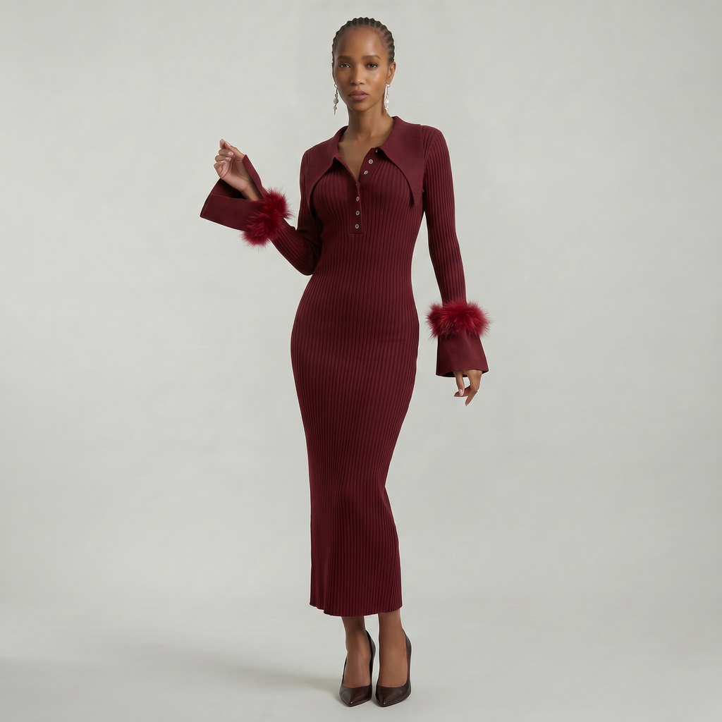 Women’s Ribbed Knit Maxi Dress - Flared Sleeve Collar Plain