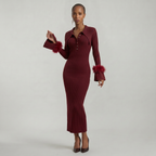 Women’s Ribbed Knit Maxi Dress - Flared Sleeve Collar Plain