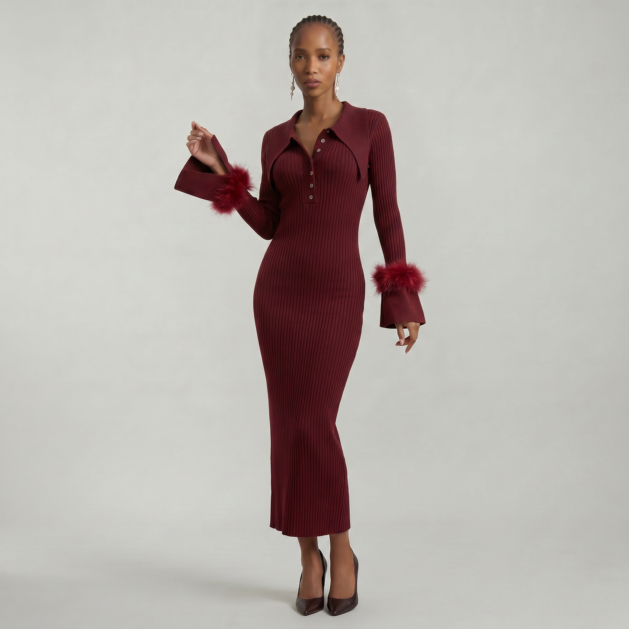 Women’s Ribbed Knit Maxi Dress - Flared Sleeve Collar Plain