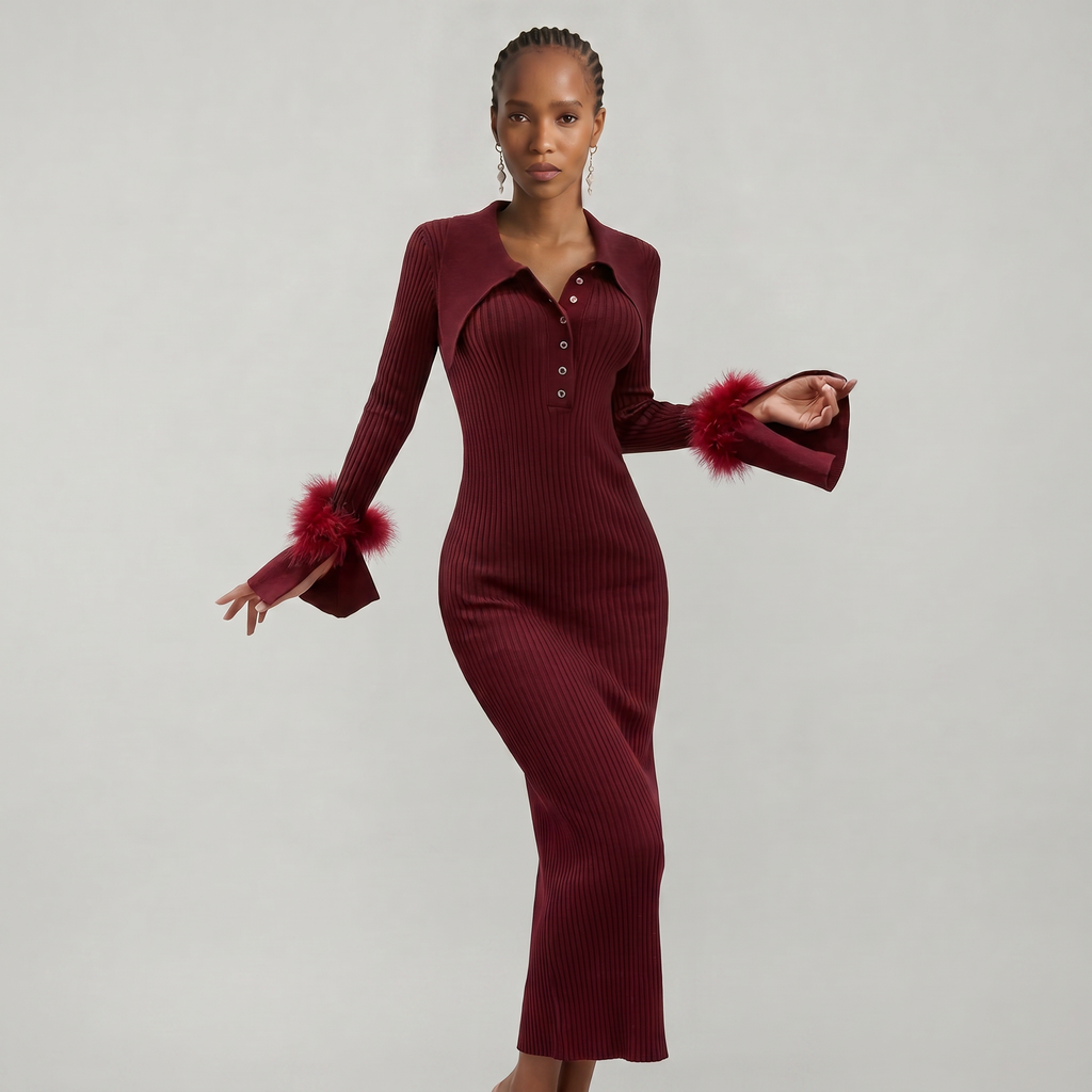 Women’s Ribbed Knit Maxi Dress - Flared Sleeve Collar Plain