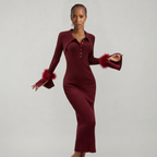 Women’s Ribbed Knit Maxi Dress - Flared Sleeve Collar Plain