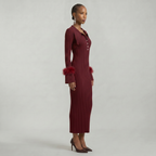 Women’s Ribbed Knit Maxi Dress - Flared Sleeve Collar Plain