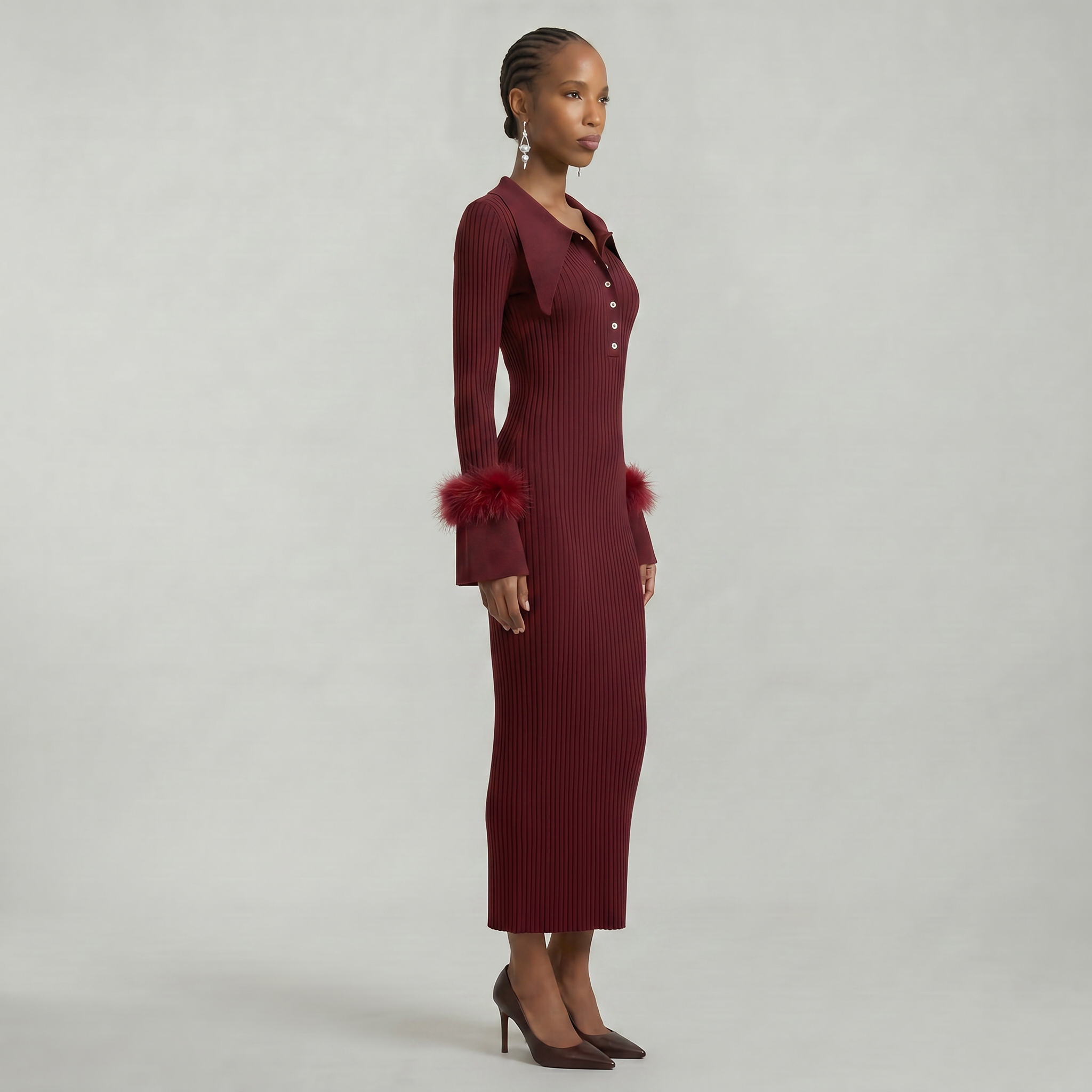 Women’s Ribbed Knit Maxi Dress - Flared Sleeve Collar Plain