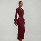 Women’s Ribbed Knit Maxi Dress - Flared Sleeve Collar Plain