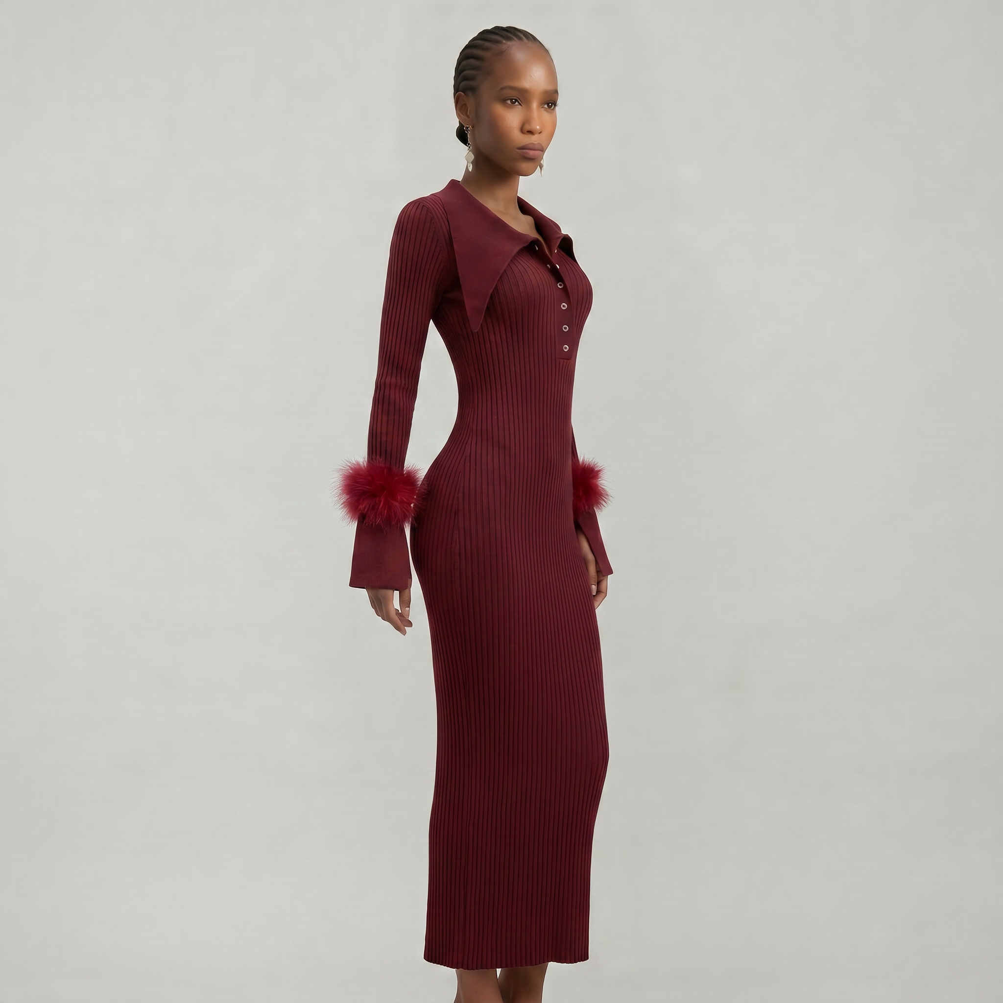 Women’s Ribbed Knit Maxi Dress - Flared Sleeve Collar Plain