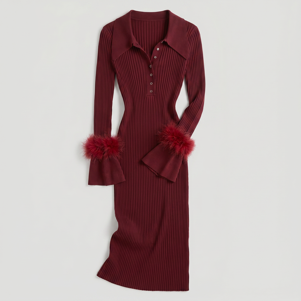 Women’s Ribbed Knit Maxi Dress - Flared Sleeve Collar Plain