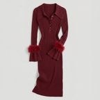 Women’s Ribbed Knit Maxi Dress - Flared Sleeve Collar Plain