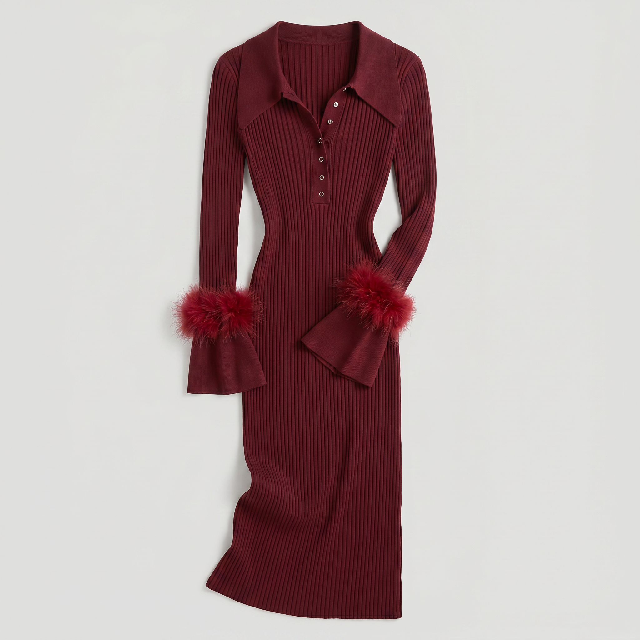 Women’s Ribbed Knit Maxi Dress - Flared Sleeve Collar Plain