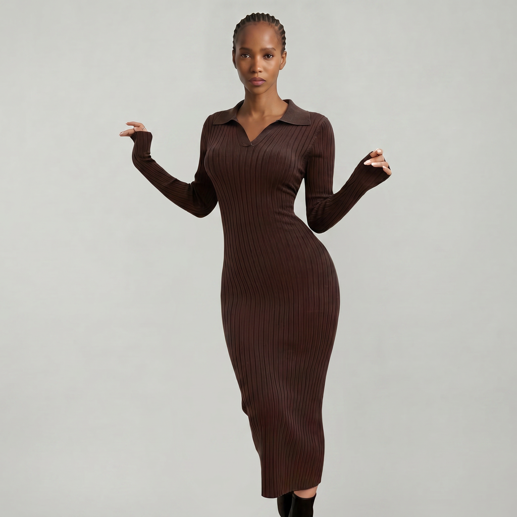 Women’s Ribbed Midi Dress - Long Sleeve Slim Fit Elegant Dress