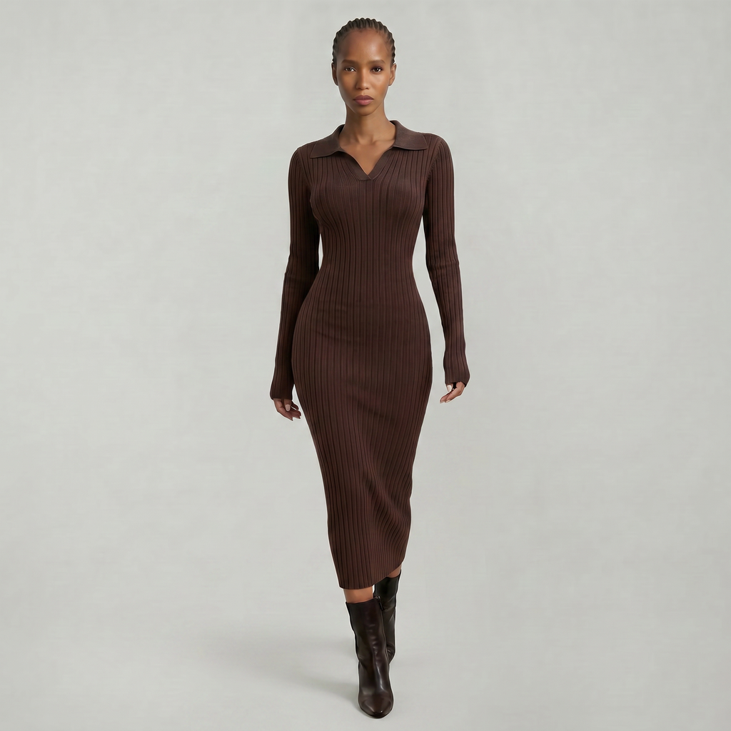 Women’s Ribbed Midi Dress - Long Sleeve Slim Fit Elegant Dress
