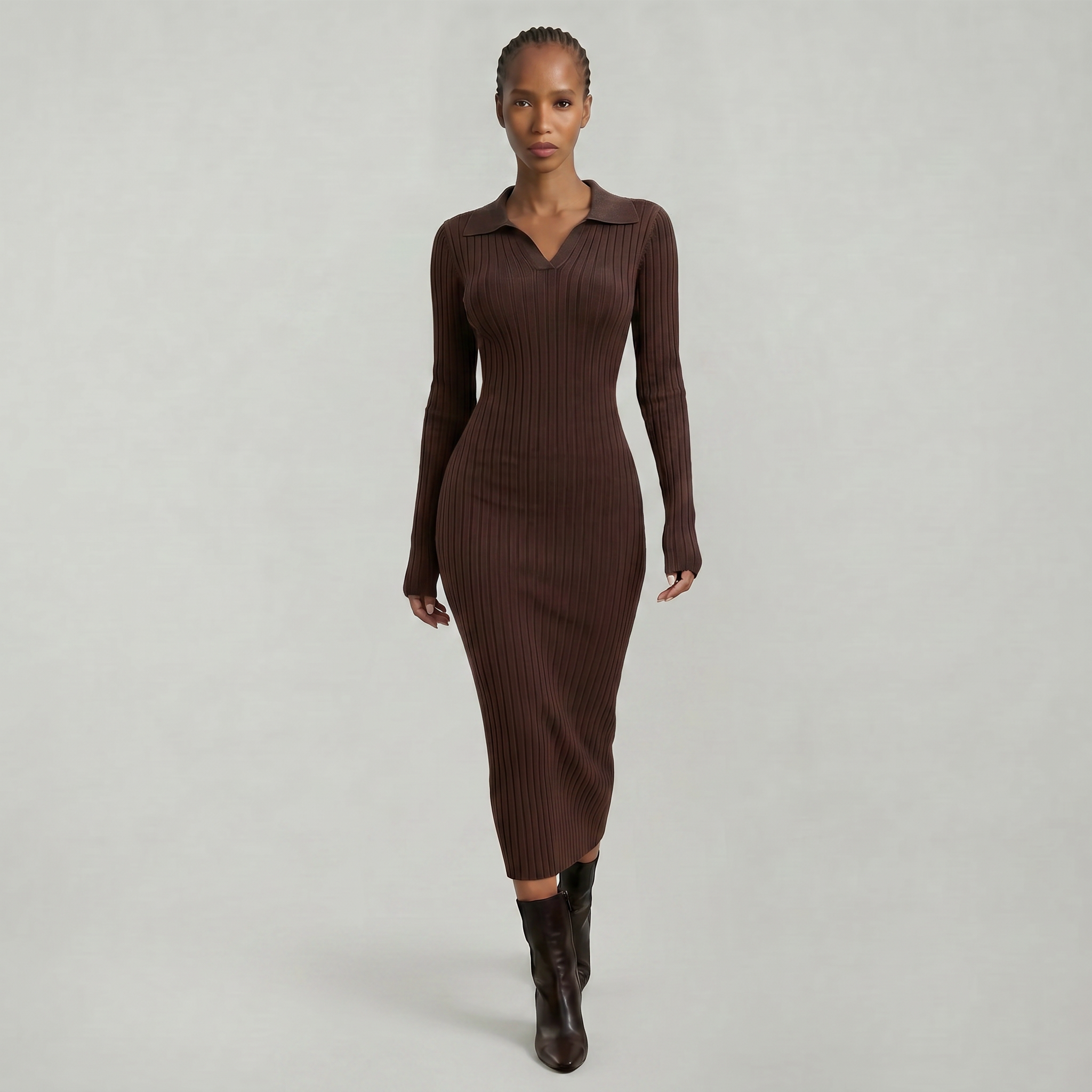 Women’s Ribbed Midi Dress - Long Sleeve Slim Fit Elegant Dress