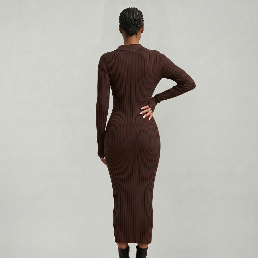 Women’s Ribbed Midi Dress - Long Sleeve Slim Fit Elegant Dress