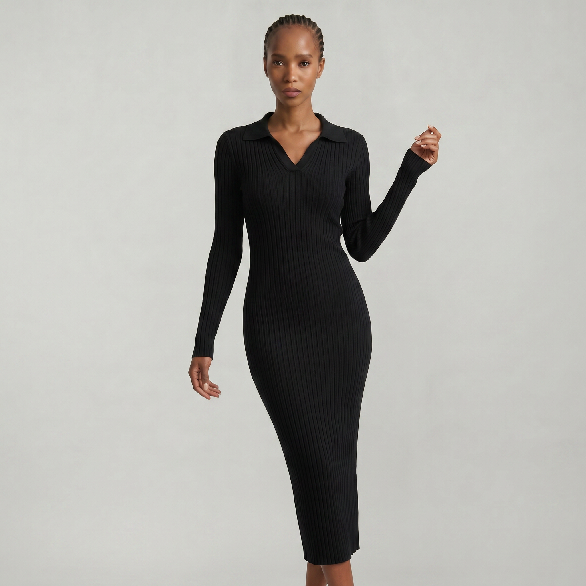 Women’s Ribbed Midi Dress - Long Sleeve Slim Fit Elegant Dress
