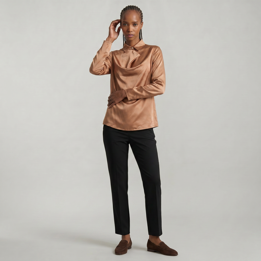 Women’s Satin Blouse - Draped Collar Long Sleeve Regular Fit