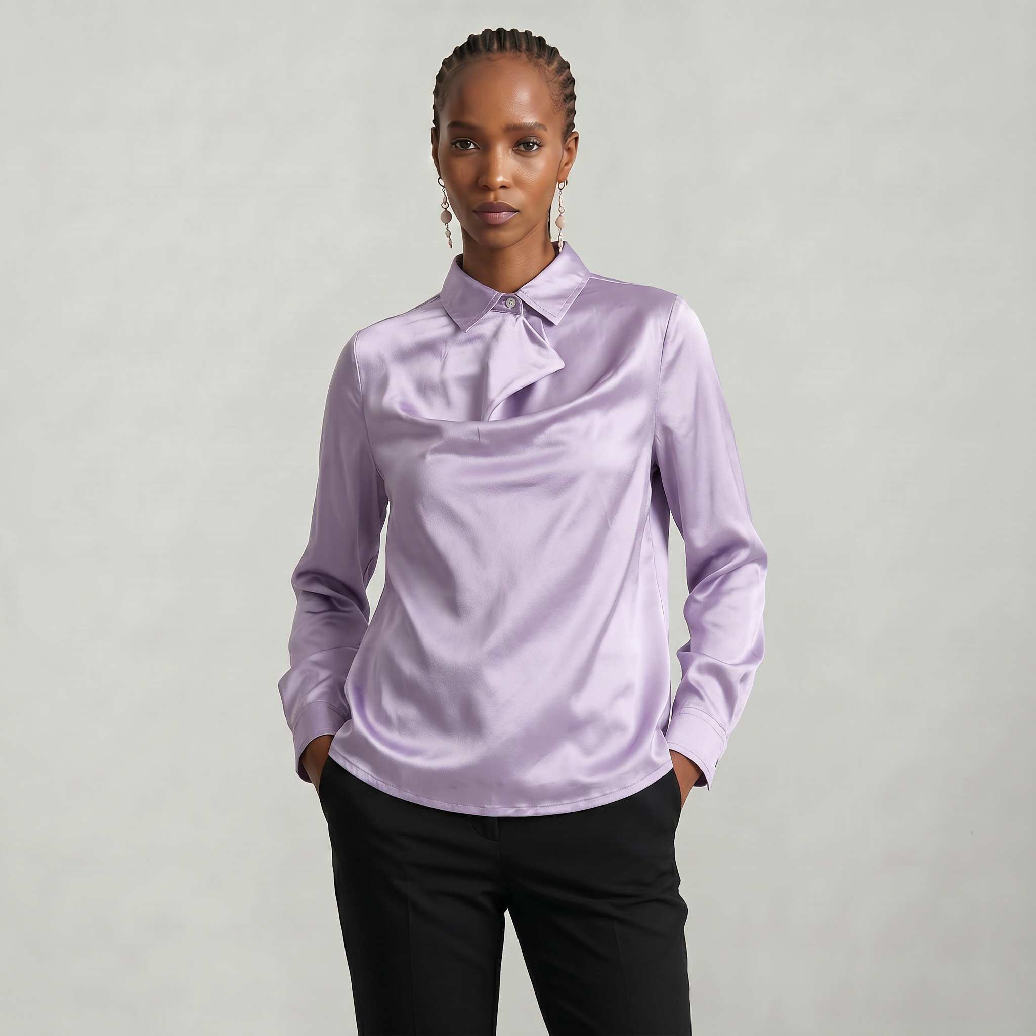 Women’s Satin Blouse - Draped Collar Long Sleeve Regular Fit