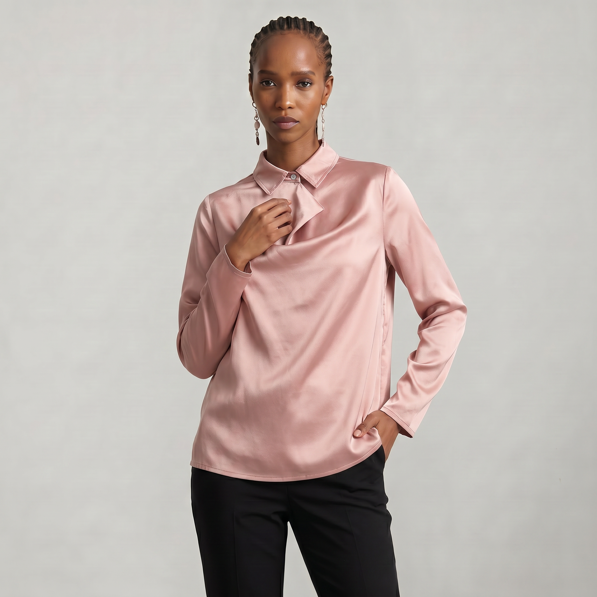 Women’s Satin Blouse - Draped Collar Long Sleeve Regular Fit
