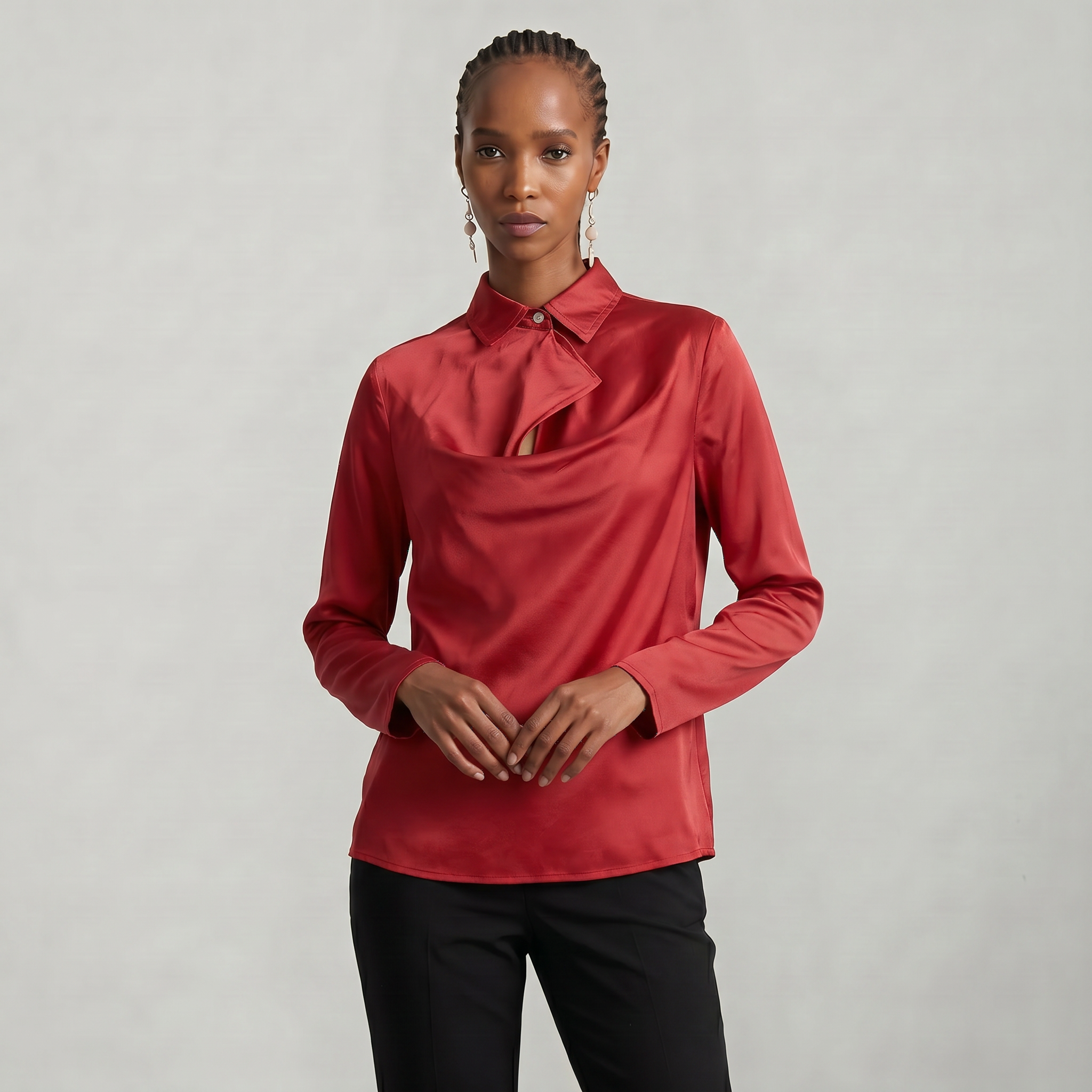 Women’s Satin Blouse - Draped Collar Long Sleeve Regular Fit