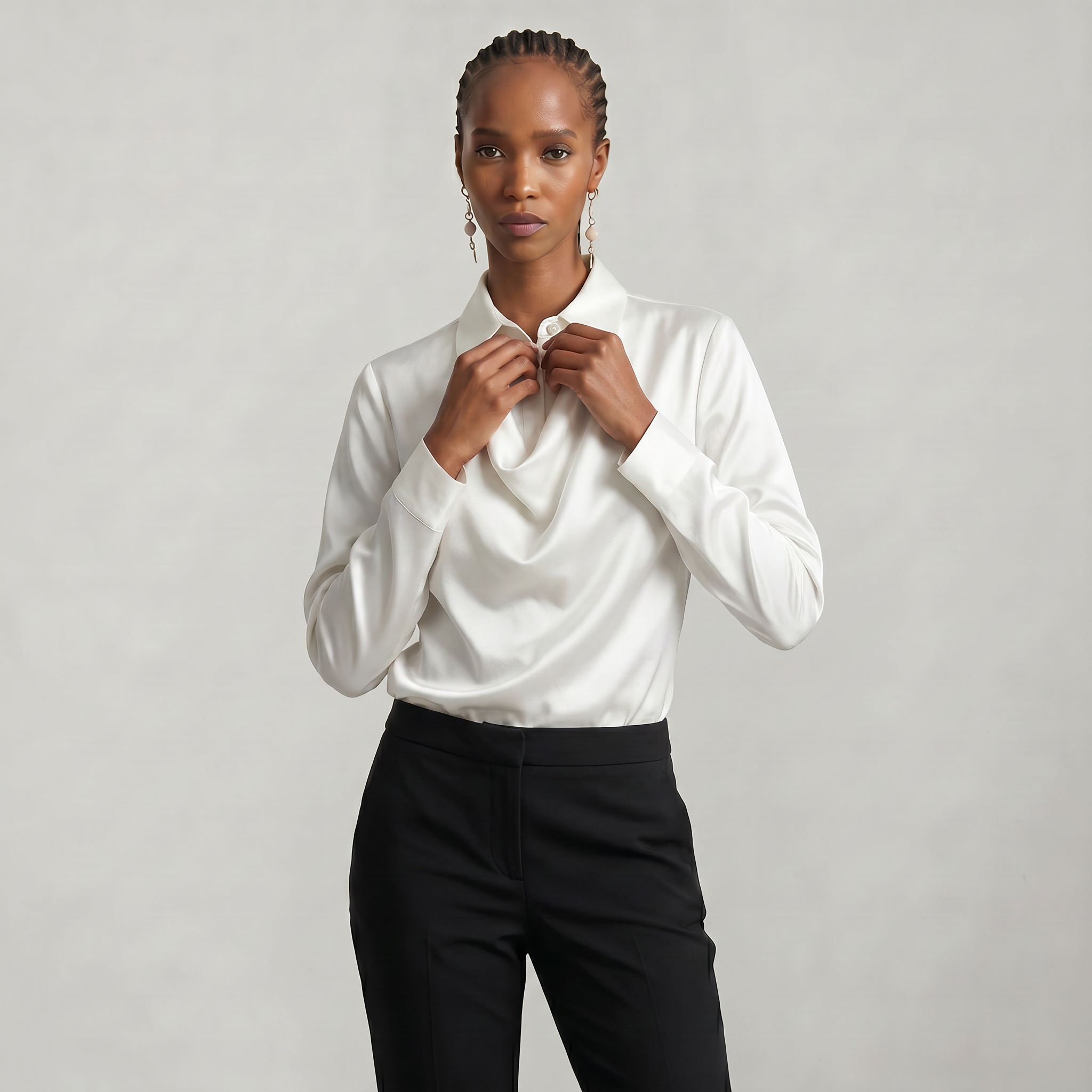Women’s Satin Blouse - Draped Collar Long Sleeve Regular Fit