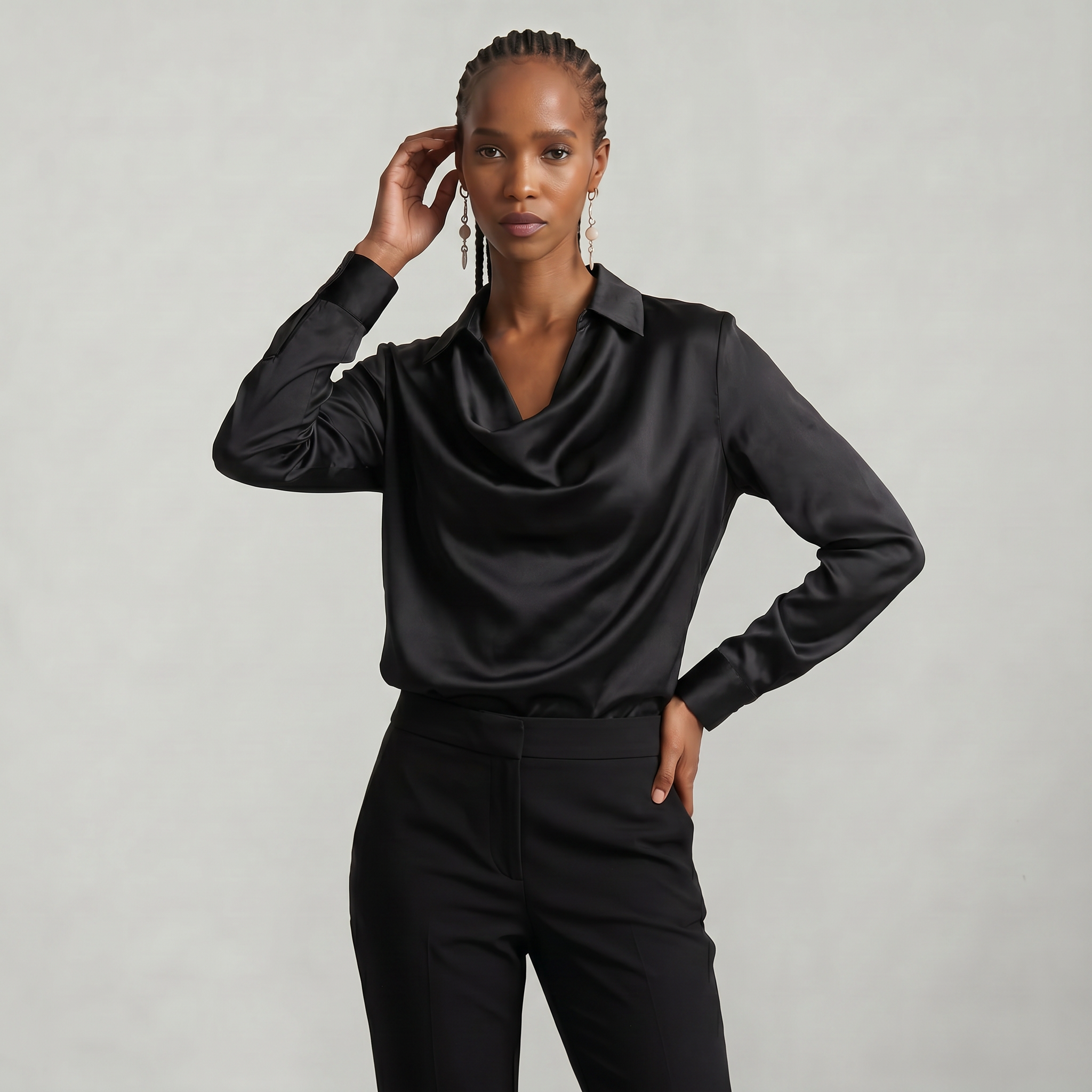 Women’s Satin Blouse - Draped Collar Long Sleeve Regular Fit