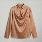 Women’s Satin Blouse - Draped Collar Long Sleeve Regular Fit