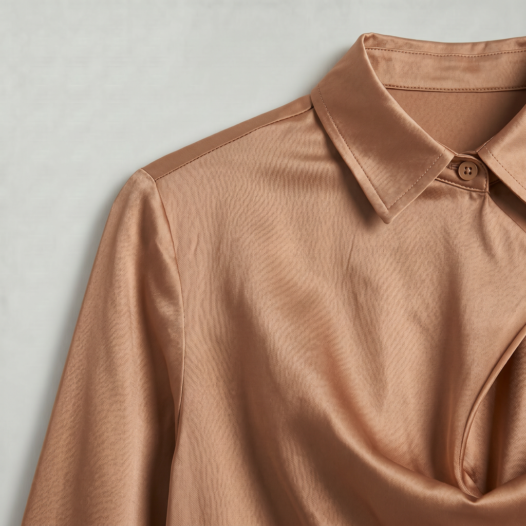 Women’s Satin Blouse - Draped Collar Long Sleeve Regular Fit