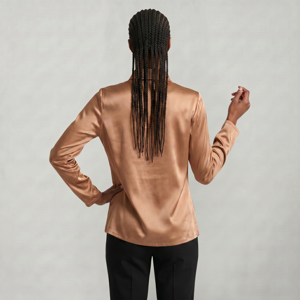 Women’s Satin Blouse - Draped Collar Long Sleeve Regular Fit