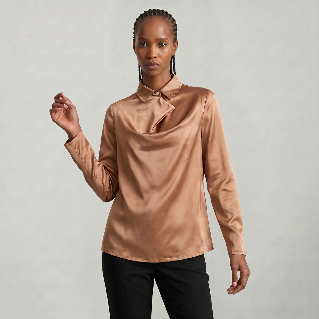 Women’s Satin Blouse - Draped Collar Long Sleeve Regular Fit