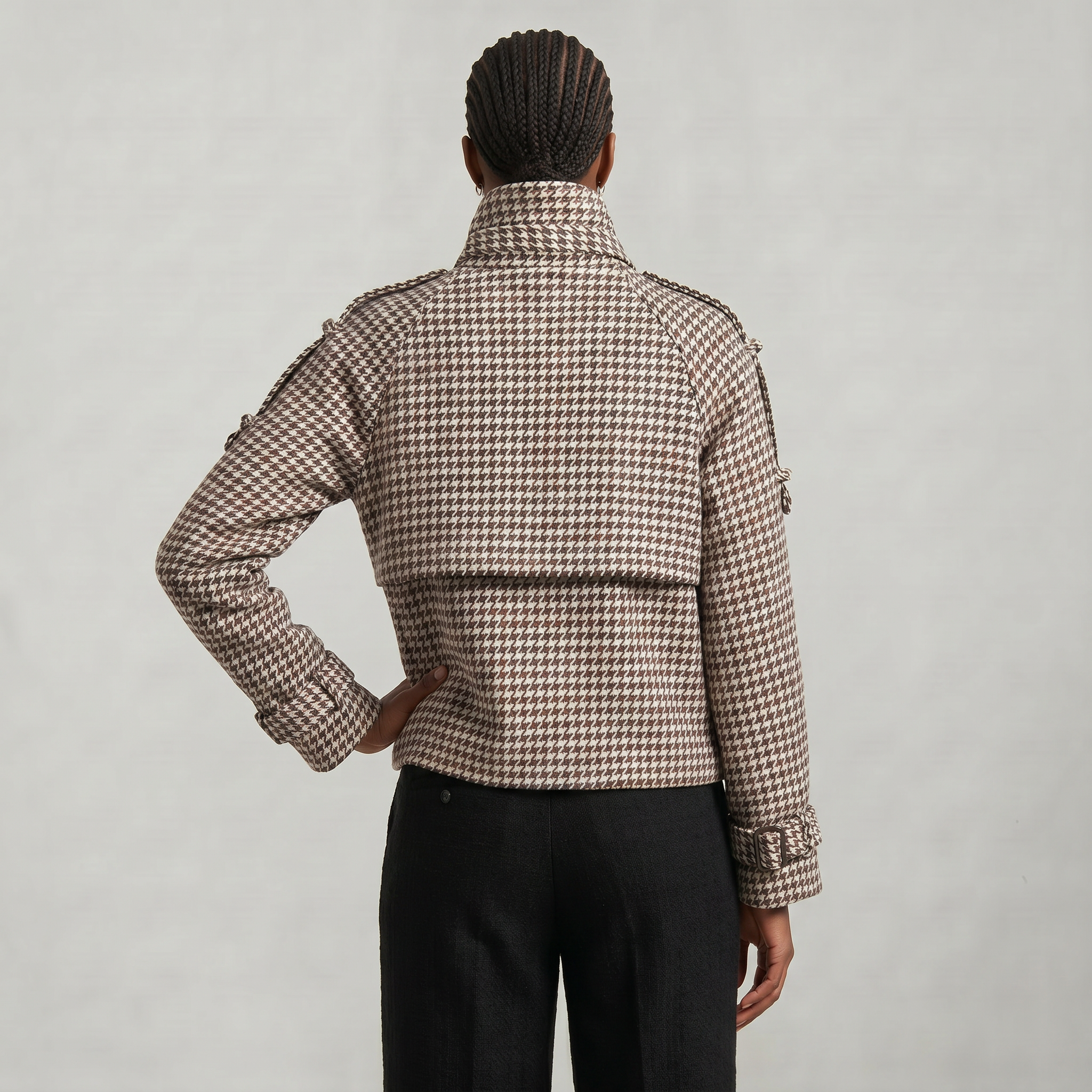 Women’s Short Checkered Coat - High Collar Button Front Jacket