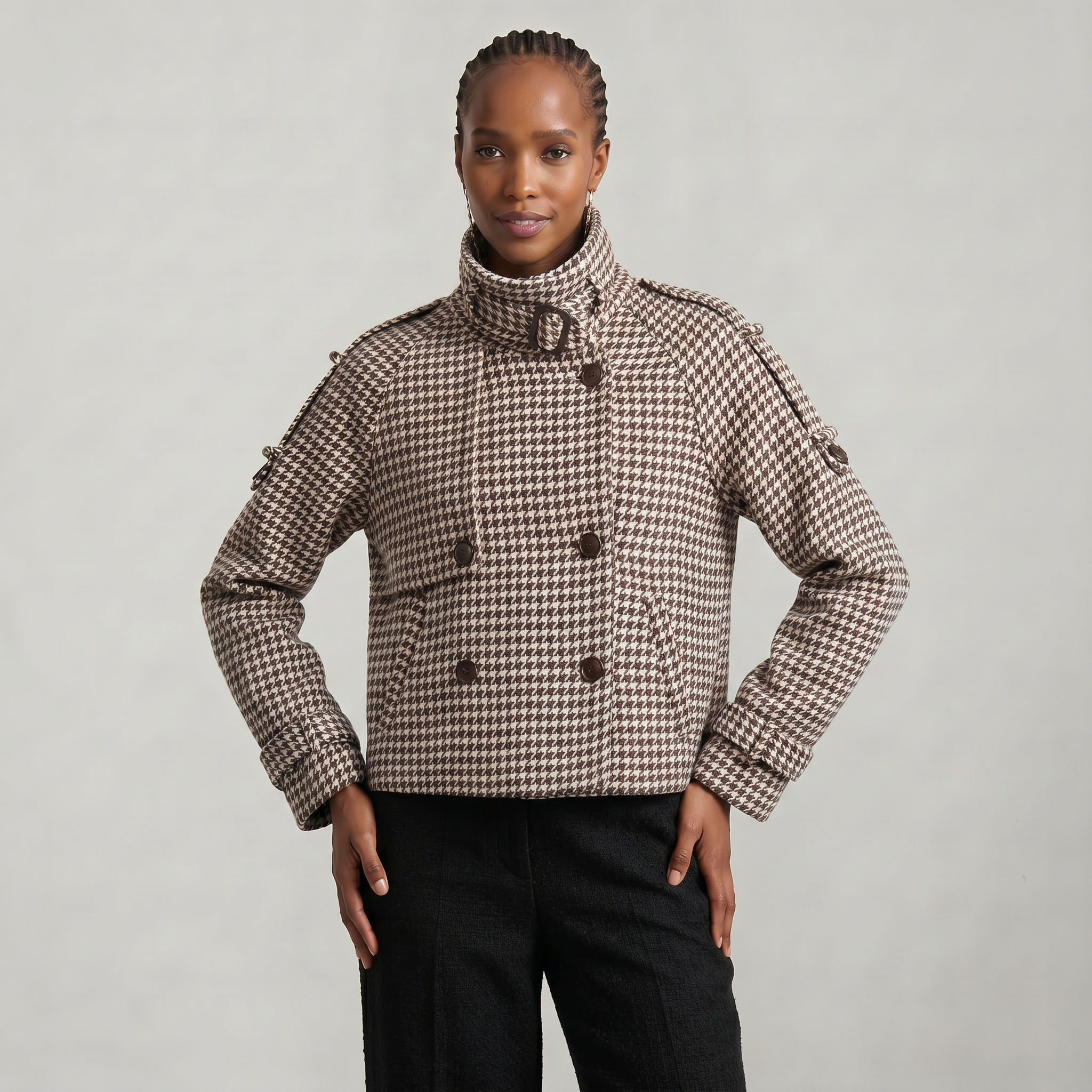 Women’s Short Checkered Coat - High Collar Button Front Jacket