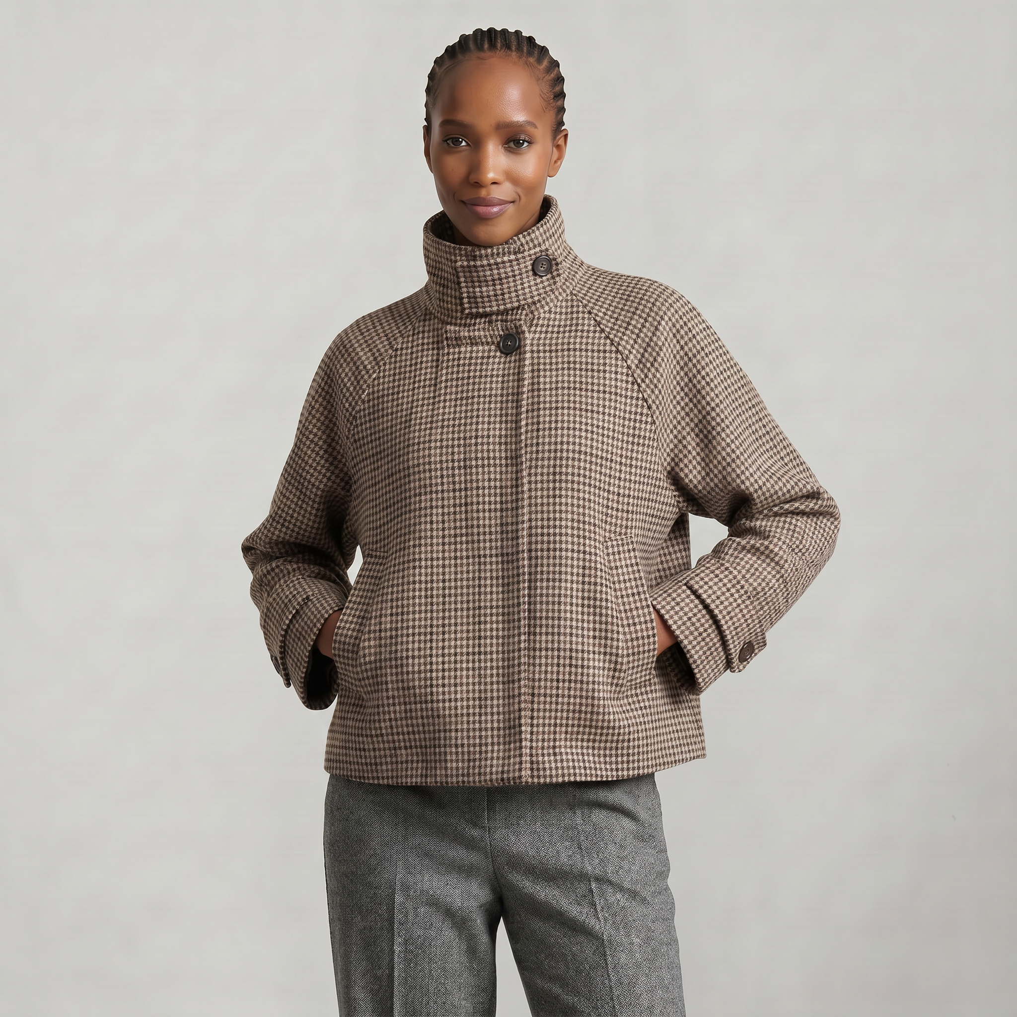 Women’s Short Checkered Coat - High Collar Button Front Jacket