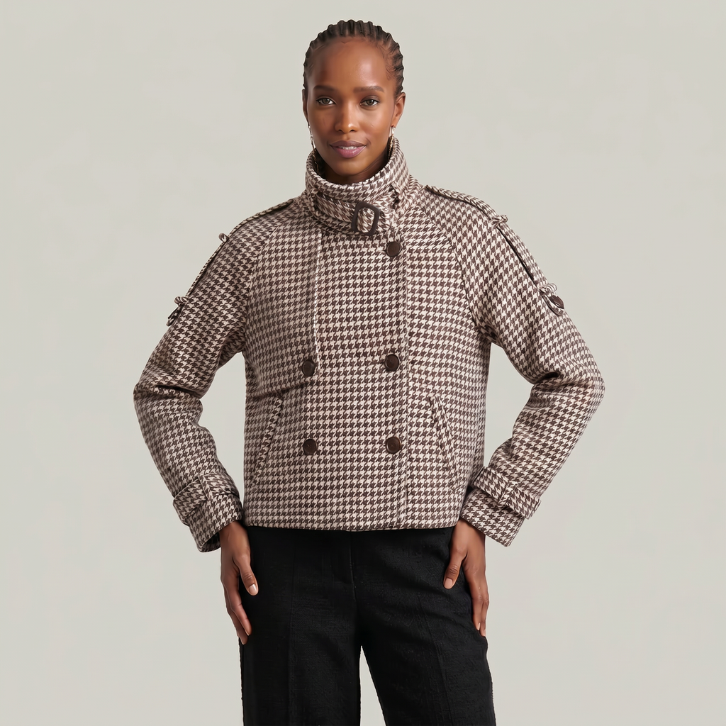 Women’s Short Checkered Coat - High Collar Button Front Jacket