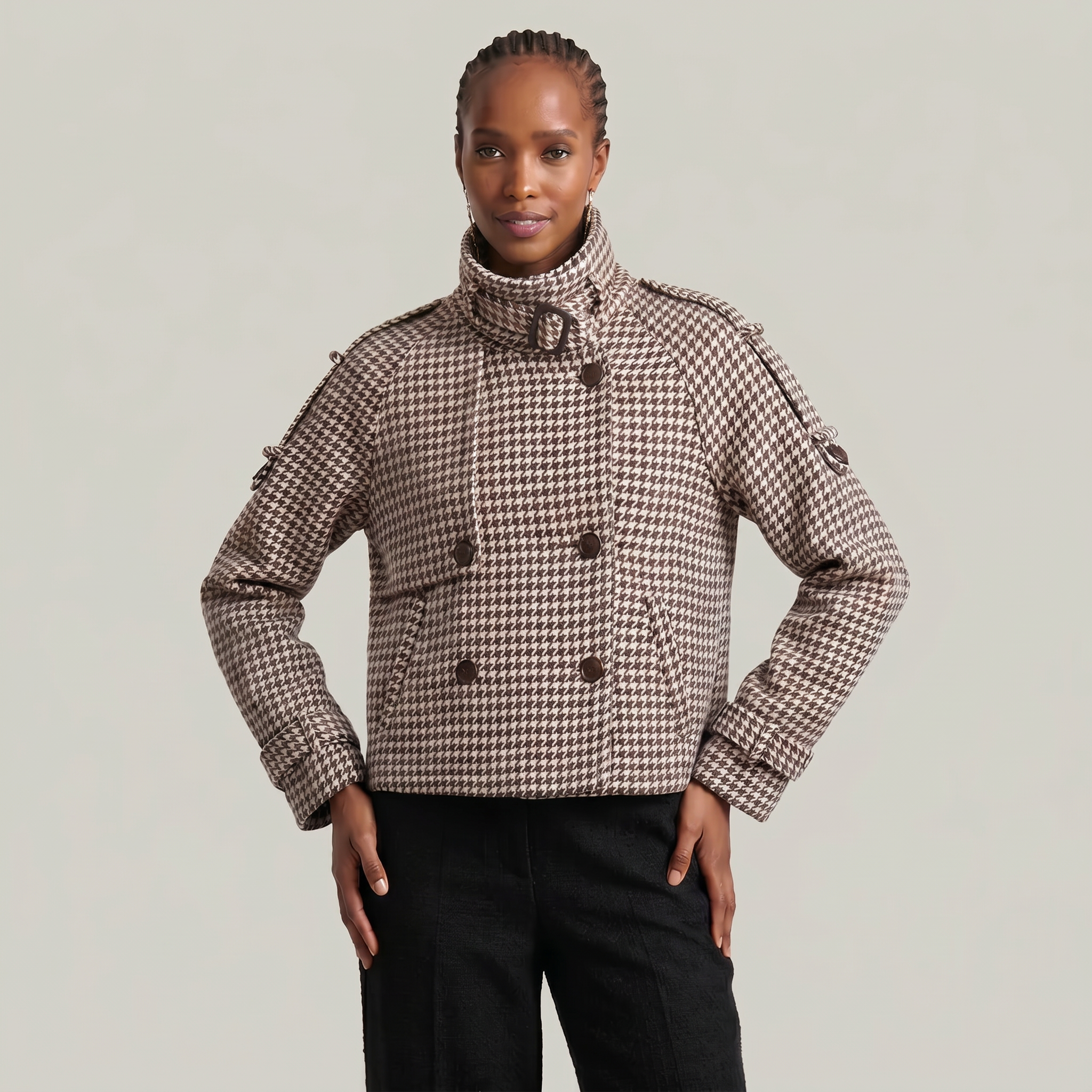 Women’s Short Checkered Coat - High Collar Button Front Jacket