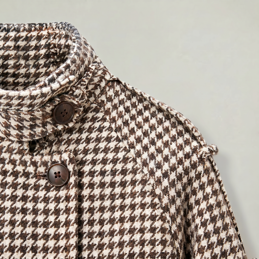 Women’s Short Checkered Coat - High Collar Button Front Jacket