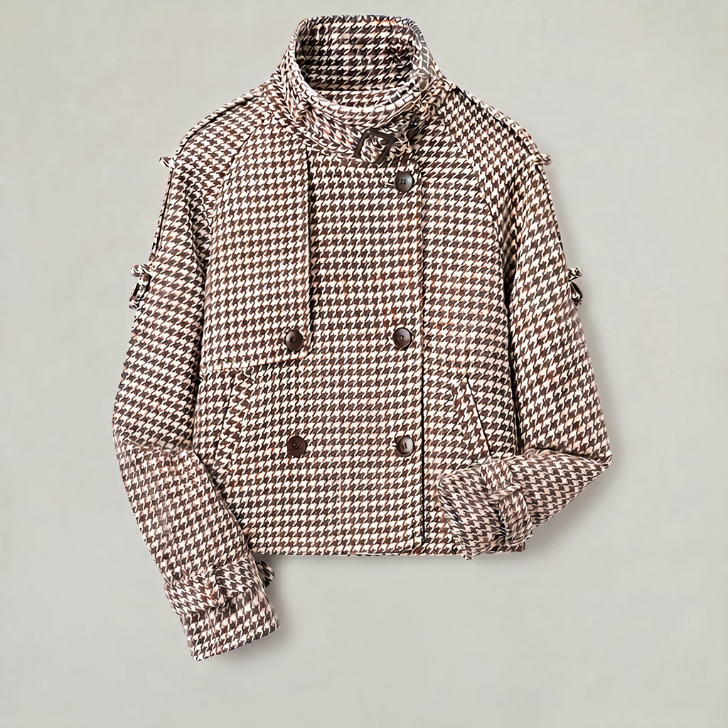 Women’s Short Checkered Coat - High Collar Button Front Jacket