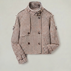 Women’s Short Checkered Coat - High Collar Button Front Jacket
