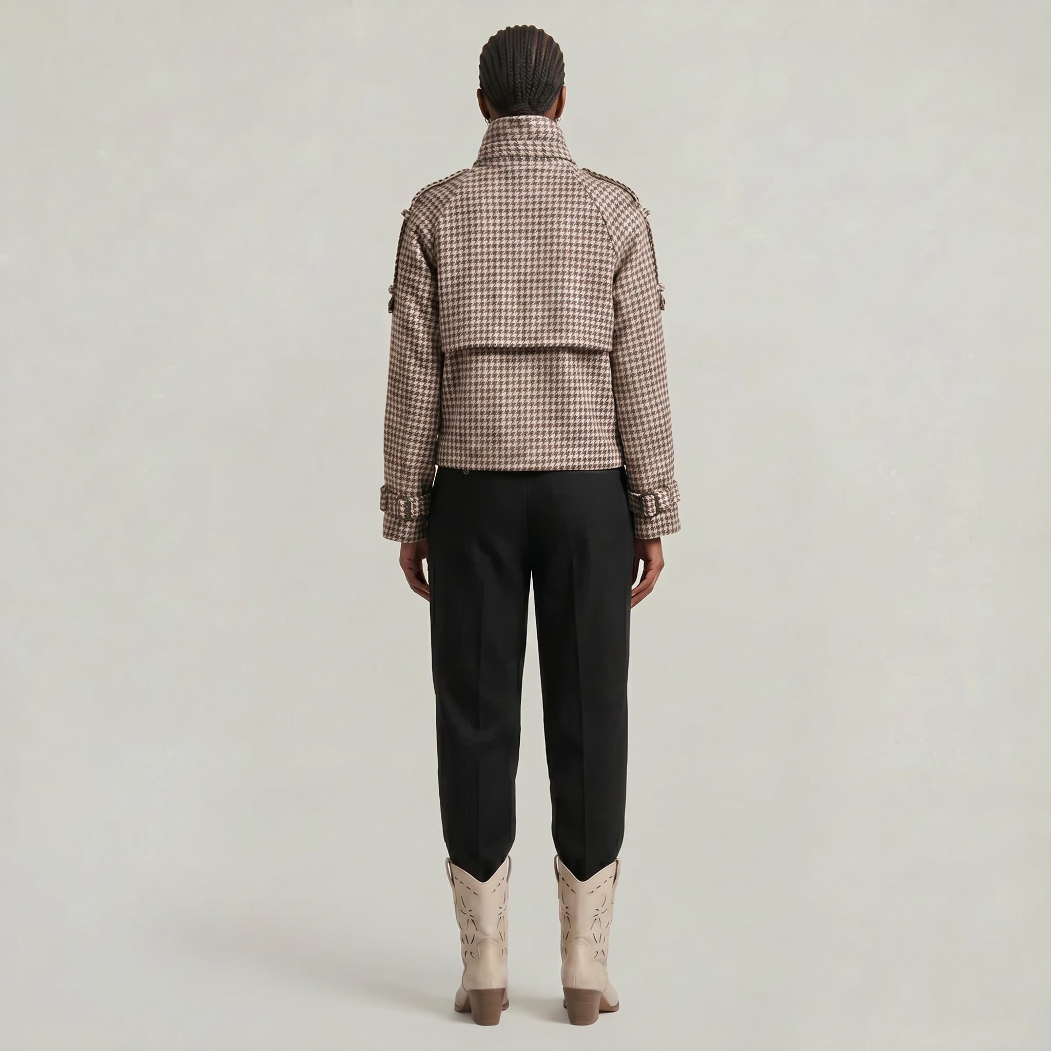 Women’s Short Checkered Coat - High Collar Button Front Jacket
